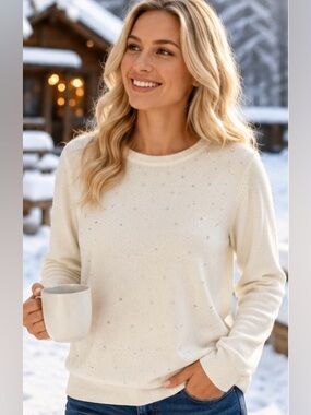 Carroll Reed Ivory Rhinestone Sweater Cotton Blend Crewneck Long Sleeve Size L